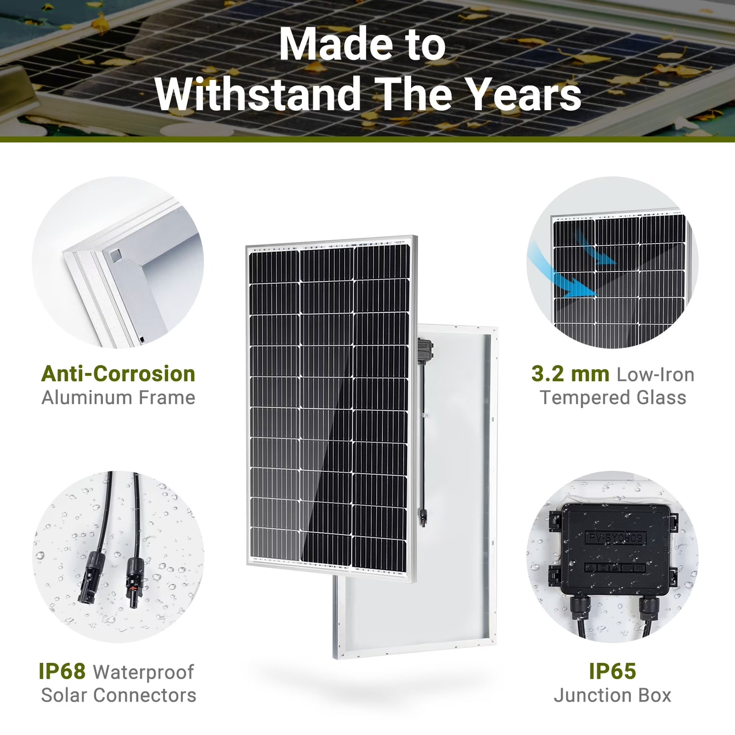 100W 12 Volt Solar Panel, IP68 Waterproof, 25% High-Efficiency, Pre-Drilled Holes Design, Ideal for RV, Marine, Off-Grid System