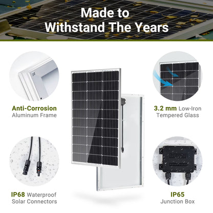 100W 12 Volt Solar Panel, IP68 Waterproof, 25% High-Efficiency, Pre-Drilled Holes Design, Ideal for RV, Marine, Off-Grid System