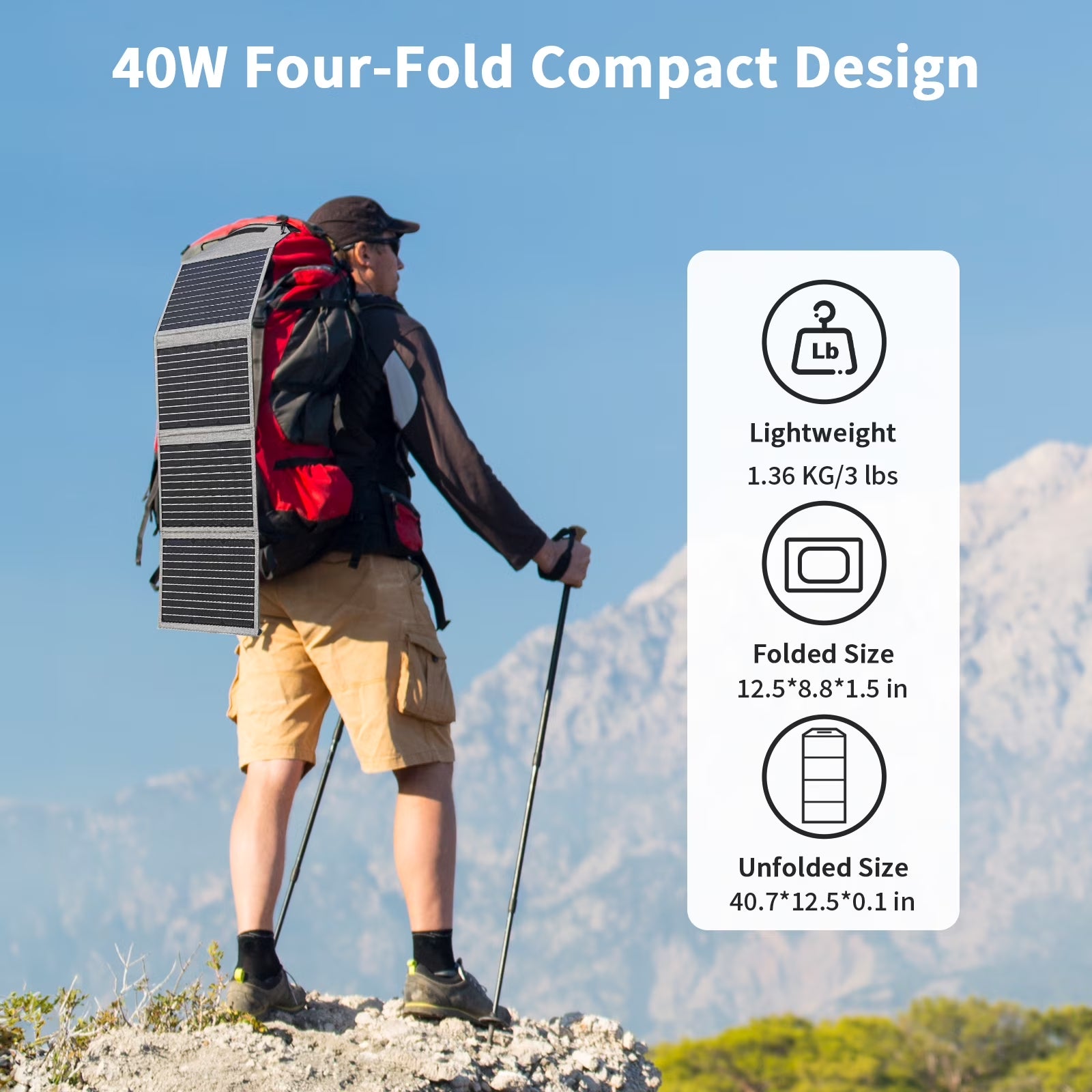 40W Solar Panel Portable Foldable with QC3.0 USB Type-C for Camping Hiking Backpacking