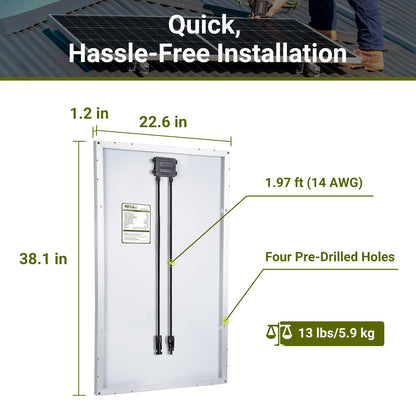 100W 12 Volt Solar Panel, IP68 Waterproof, 25% High-Efficiency, Pre-Drilled Holes Design, Ideal for RV, Marine, Off-Grid System