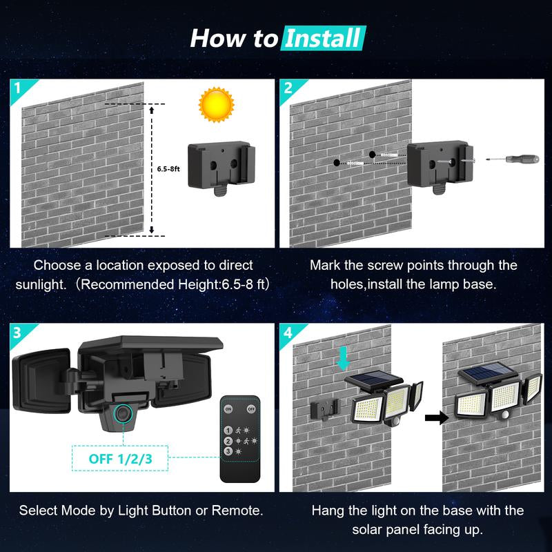 Tuffenough Solar Outdoor Lights 2500LM 210LED Security Lights,3 Heads Dimmable Spotlights with 3 Modes,Ip65 Waterproof,Suitable for Yard, Garage, Porch, Pool,Garden,Barn,Patio,Valentine'S Day Gift