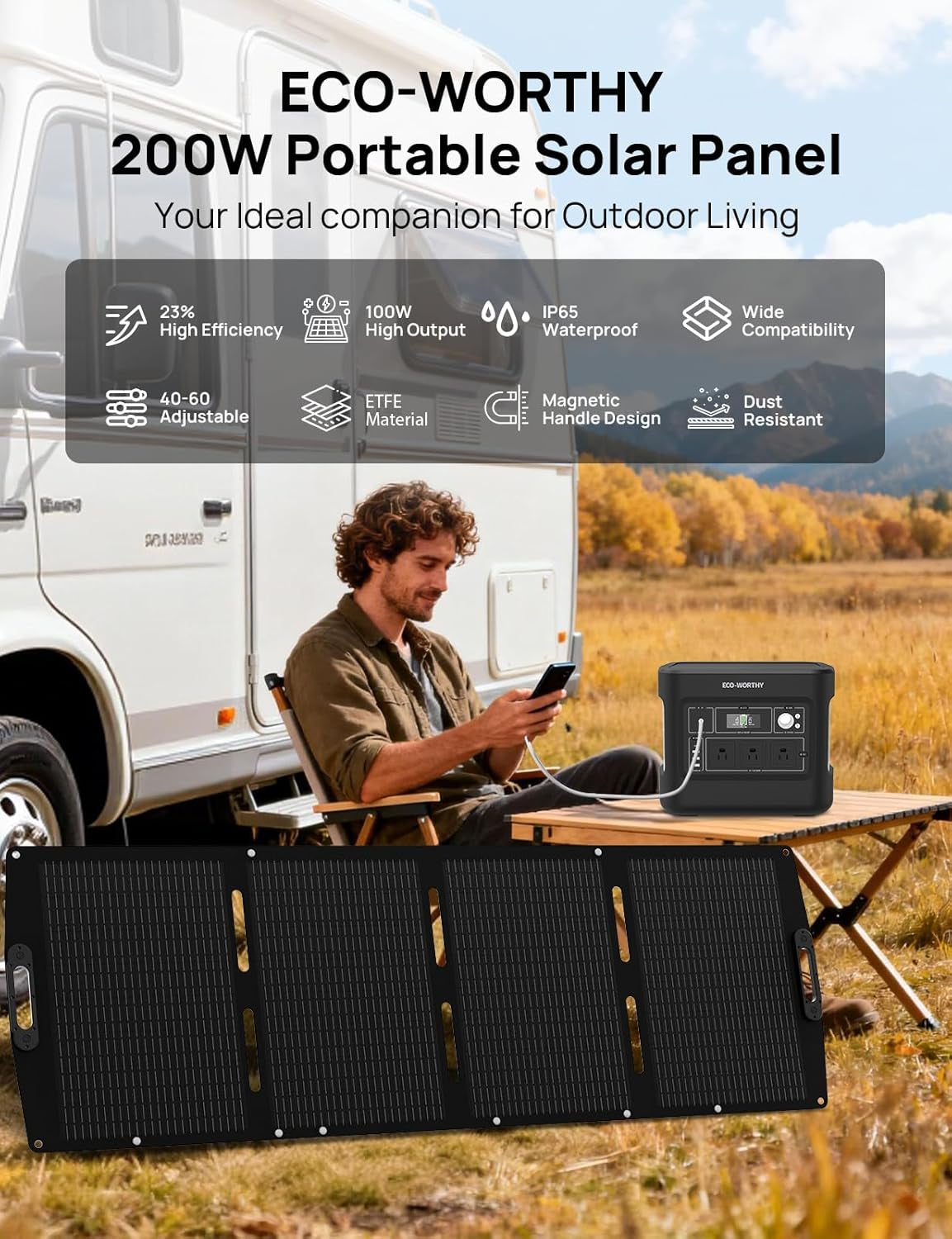 200W Portable Solar Panel for Power Stations,Ip65 Waterproof & Lightweight with Adjustable Kickstand,23% High Efficiency Foldable Solar Panel for Outdoor RV Camping off Grid Emergency
