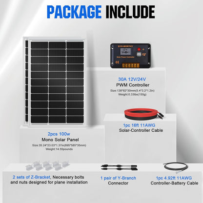 200 Watts 12 Volt/24 Volt Solar Panel Kit with High Efficiency Monocrystalline Solar Panel and 30A PWM Charge Controller for RV, Camper, Vehicle, Caravan and Other off Grid Applications